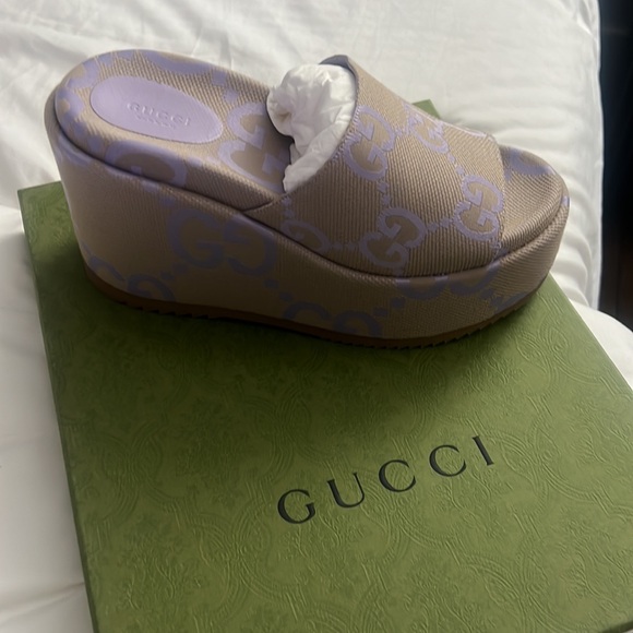 Gucci Monogram Jumbo GG Platform Slide Wedge Sandals. - Picture 2 of 4